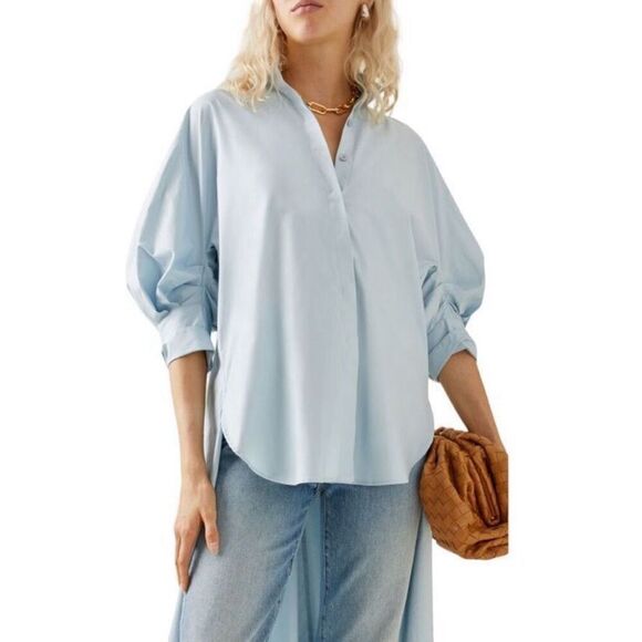 Oscar de la Renta Oversized High-low Stretch Cotton Shirt in Blue Topaz Size 10 - Picture 2 of 12